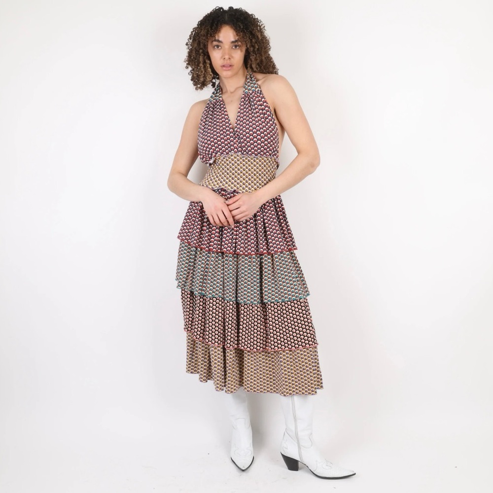 Maria De La Orden Sevilla Tier Halter Dress Women's Small Midi Colorful NWT